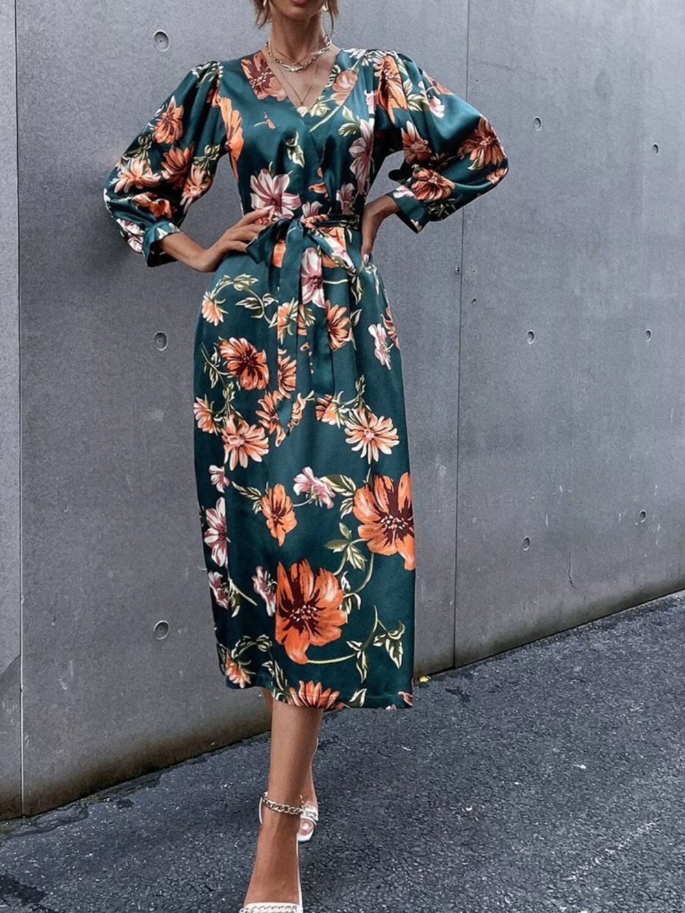 SHEIN Green Floral V-Neck Midi Dress with Orange Blooms